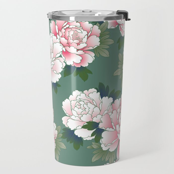 Japanese Vintage Pink Peonies Green Leaves Kimono Pattern Travel Mug Gallery Image 2