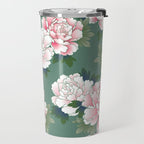 Japanese Vintage Pink Peonies Green Leaves Kimono Pattern Travel Mug Gallery Image 2