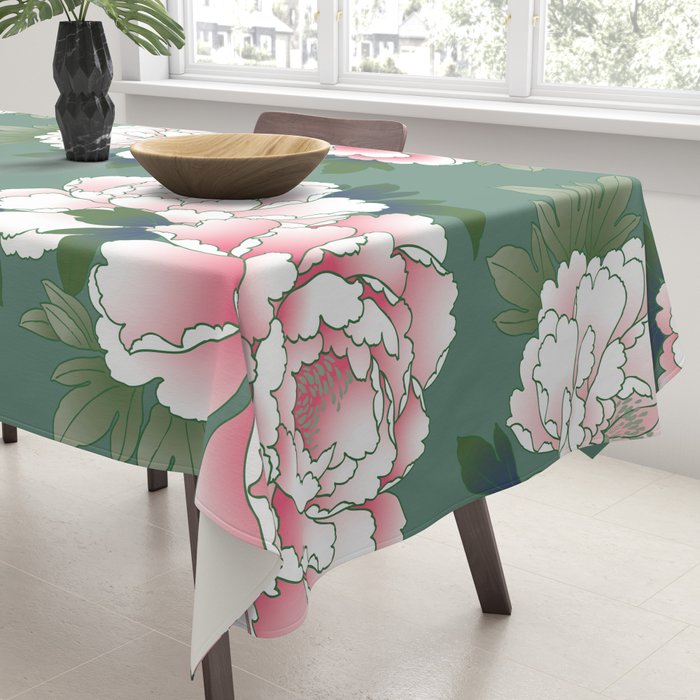 Japanese Vintage Pink Peonies Green Leaves Kimono Pattern Tablecloth Gallery Image 3