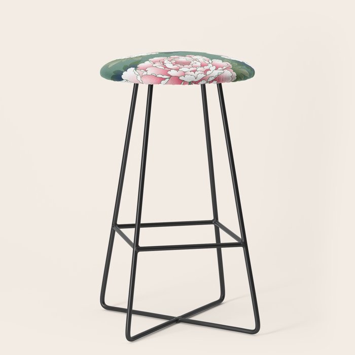 Japanese Vintage Pink Peonies Green Leaves Kimono Pattern Stool Gallery Image 1