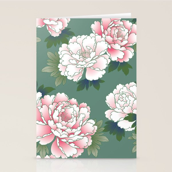 Japanese Vintage Pink Peonies Green Leaves Kimono Pattern Stationery Card Gallery Image 2