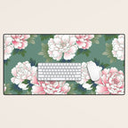 Japanese Vintage Pink Peonies Green Leaves Kimono Pattern Desk Mat Gallery Image 1