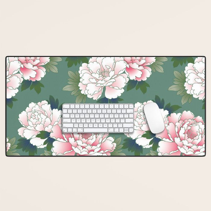 Japanese Vintage Pink Peonies Green Leaves Kimono Pattern Desk Mat Gallery Image 1
