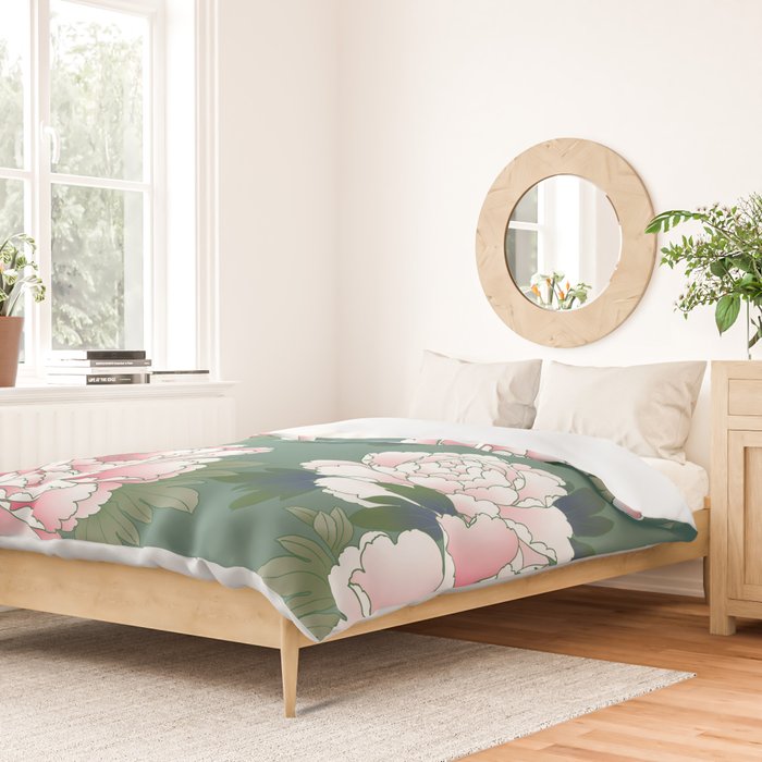 Japanese Vintage Pink Peonies Green Leaves Kimono Pattern Duvet Cover Gallery Image 2