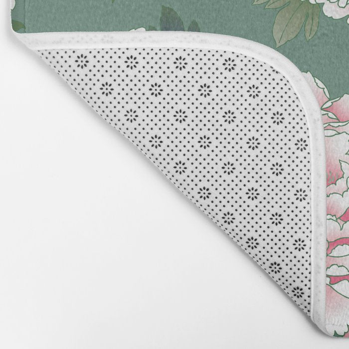Japanese Vintage Pink Peonies Green Leaves Kimono Pattern Bath Mat Gallery Image 2