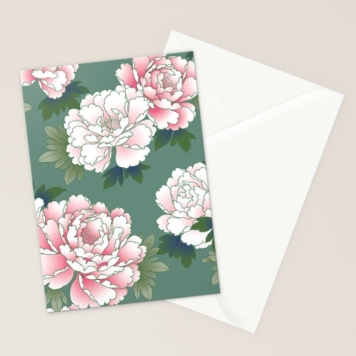 Japanese Vintage Pink Peonies Green Leaves Kimono Pattern Stationery Card Gallery Image 2