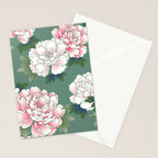 Japanese Vintage Pink Peonies Green Leaves Kimono Pattern Stationery Card Gallery Image 2