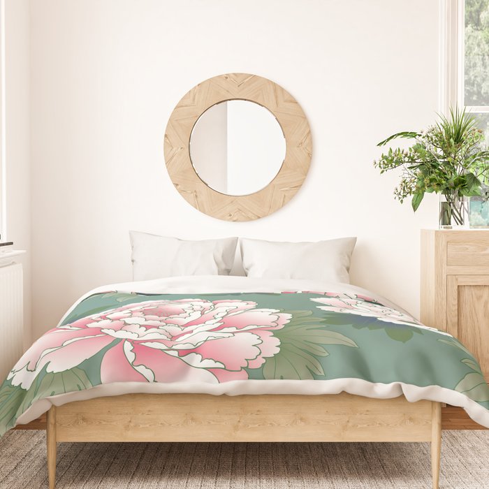 Japanese Vintage Pink Peonies Green Leaves Kimono Pattern Duvet Cover Gallery Image 3