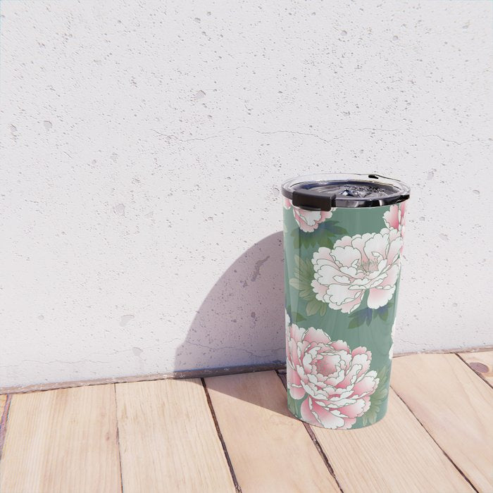 Japanese Vintage Pink Peonies Green Leaves Kimono Pattern Travel Mug Gallery Image 4