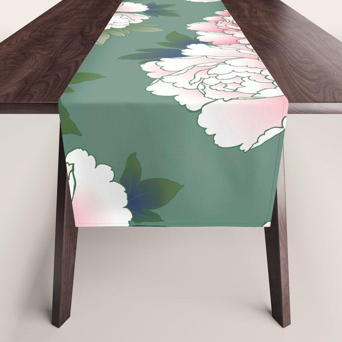 Japanese Vintage Pink Peonies Green Leaves Kimono Pattern Table Runner Gallery Image 1