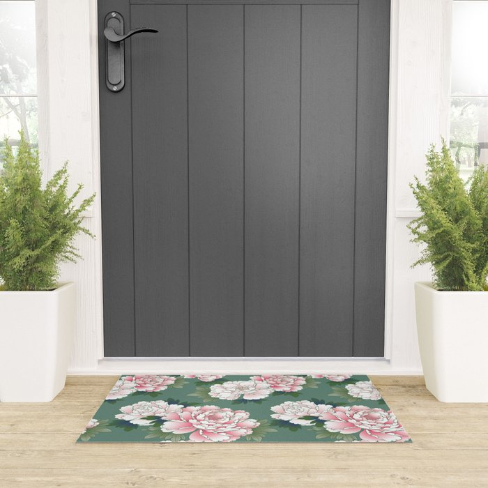 Japanese Vintage Pink Peonies Green Leaves Kimono Pattern Welcome Mat Gallery Image 3