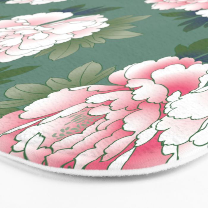 Japanese Vintage Pink Peonies Green Leaves Kimono Pattern Bath Mat Gallery Image 3