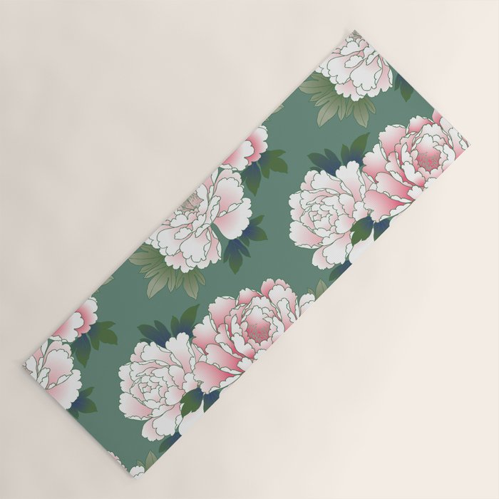 Japanese Vintage Pink Peonies Green Leaves Kimono Pattern Yoga Mat Gallery Image 1