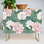 Japanese Vintage Pink Peonies Green Leaves Kimono Pattern Credenza Gallery Image 1