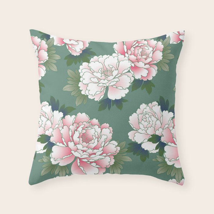 Japanese Vintage Pink Peonies Green Leaves Kimono Pattern Throw Pillow Gallery Image 6
