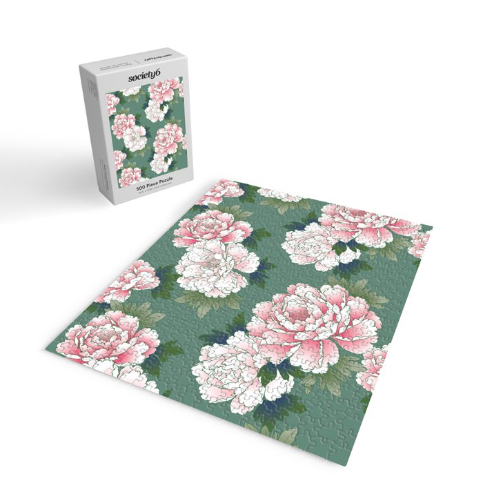 Japanese Vintage Pink Peonies Green Leaves Kimono Pattern Jigsaw Puzzle Gallery Image 2