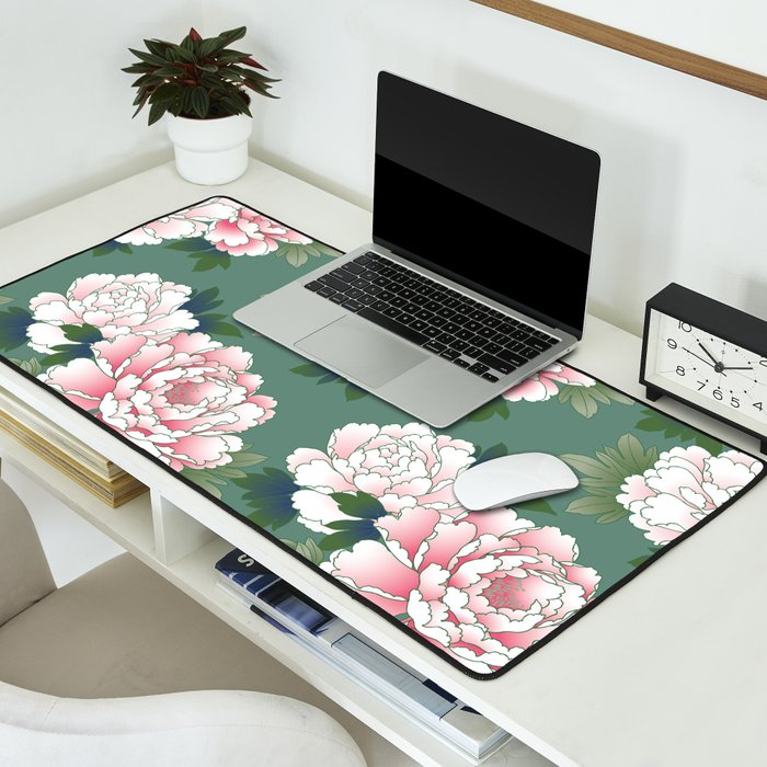 Japanese Vintage Pink Peonies Green Leaves Kimono Pattern Desk Mat Gallery Image 2