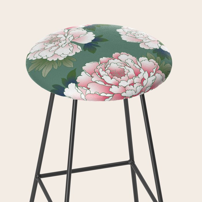 Japanese Vintage Pink Peonies Green Leaves Kimono Pattern Stool Gallery Image 2