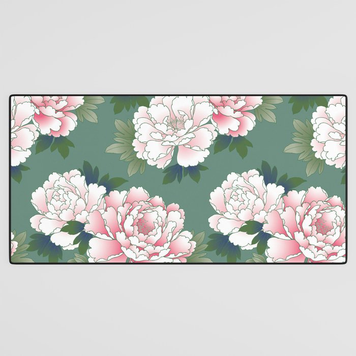 Japanese Vintage Pink Peonies Green Leaves Kimono Pattern Desk Mat Gallery Image 3