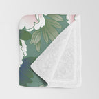 Japanese Vintage Pink Peonies Green Leaves Kimono Pattern Throw Blanket Gallery Image 3