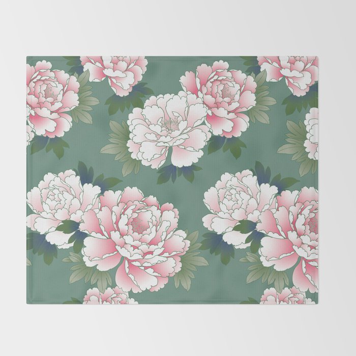 Japanese Vintage Pink Peonies Green Leaves Kimono Pattern Throw Blanket Gallery Image 2