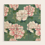 Japanese Vintage Pink Peonies Green Leaves Kimono Pattern Wood Wall Art Gallery Image 1