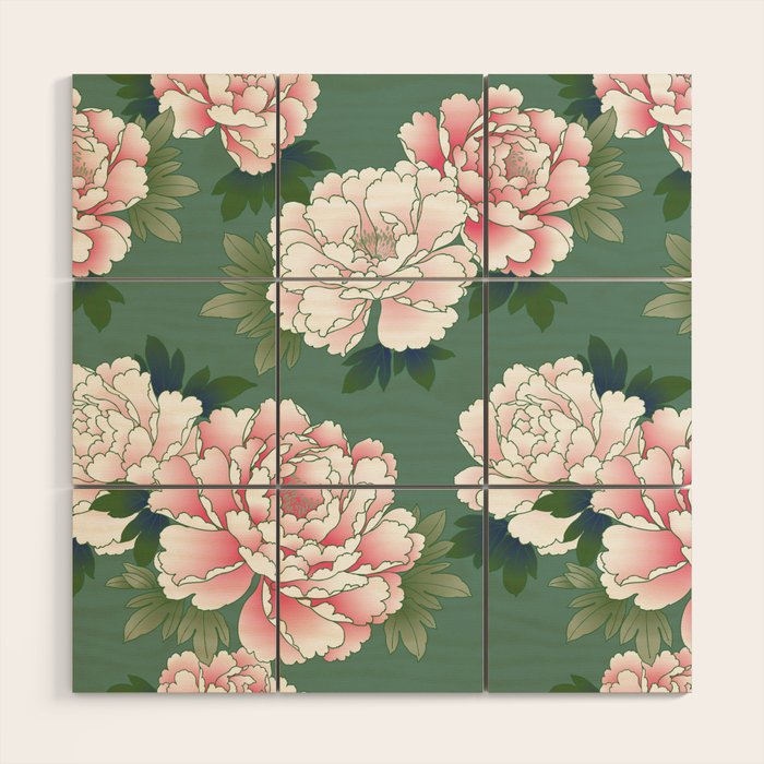 Japanese Vintage Pink Peonies Green Leaves Kimono Pattern Wood Wall Art Gallery Image 1