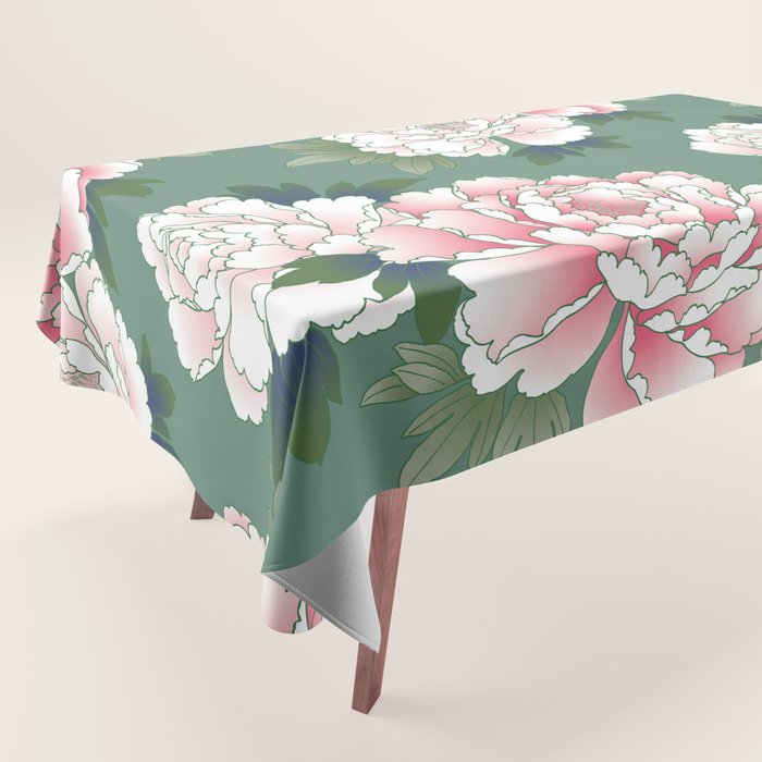 Japanese Vintage Pink Peonies Green Leaves Kimono Pattern Tablecloth Gallery Image 1