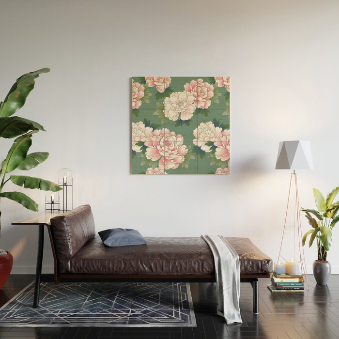 Japanese Vintage Pink Peonies Green Leaves Kimono Pattern Wood Wall Art Gallery Image 2