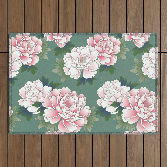 Japanese Vintage Pink Peonies Green Leaves Kimono Pattern Outdoor Rug Gallery Image 1