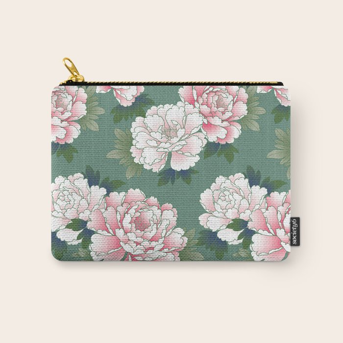 Japanese Vintage Pink Peonies Green Leaves Kimono Pattern Carry All Pouch Gallery Image 1