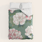 Japanese Vintage Pink Peonies Green Leaves Kimono Pattern Duvet Cover Gallery Image 6