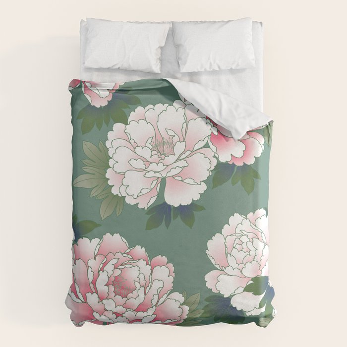 Japanese Vintage Pink Peonies Green Leaves Kimono Pattern Duvet Cover Gallery Image 6
