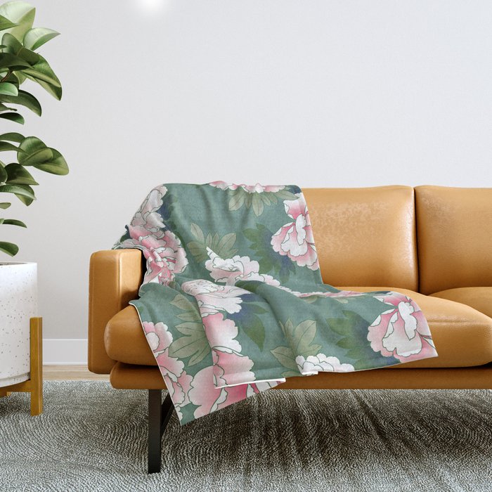 Japanese Vintage Pink Peonies Green Leaves Kimono Pattern Throw Blanket Gallery Image 1