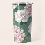 Japanese Vintage Pink Peonies Green Leaves Kimono Pattern Travel Mug Gallery Image 1