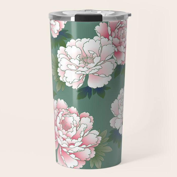 Japanese Vintage Pink Peonies Green Leaves Kimono Pattern Travel Mug Gallery Image 1