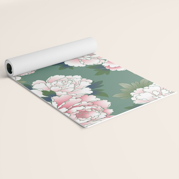 Japanese Vintage Pink Peonies Green Leaves Kimono Pattern Yoga Mat Gallery Image 2