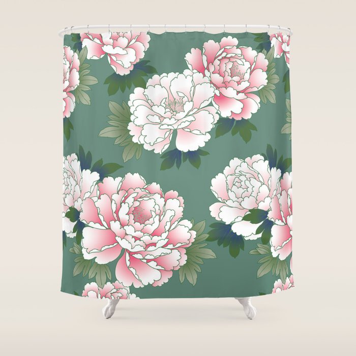 Japanese Vintage Pink Peonies Green Leaves Kimono Pattern Shower Curtain Gallery Image 1