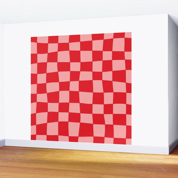 Hand Drawn Checkerboard Pattern (red/pink) Wall Mural Gallery Image 2