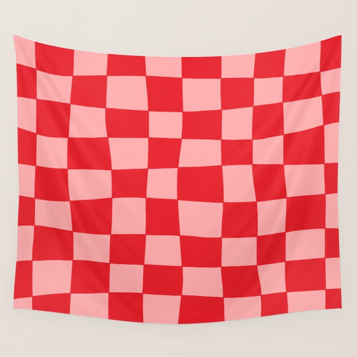 Hand Drawn Checkerboard Pattern (red/pink) Wall Tapestry Gallery Image 4