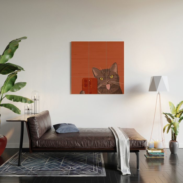 Cute Black Cat Selfie Autumn Halloween Art Wood Wall Art Gallery Image 2