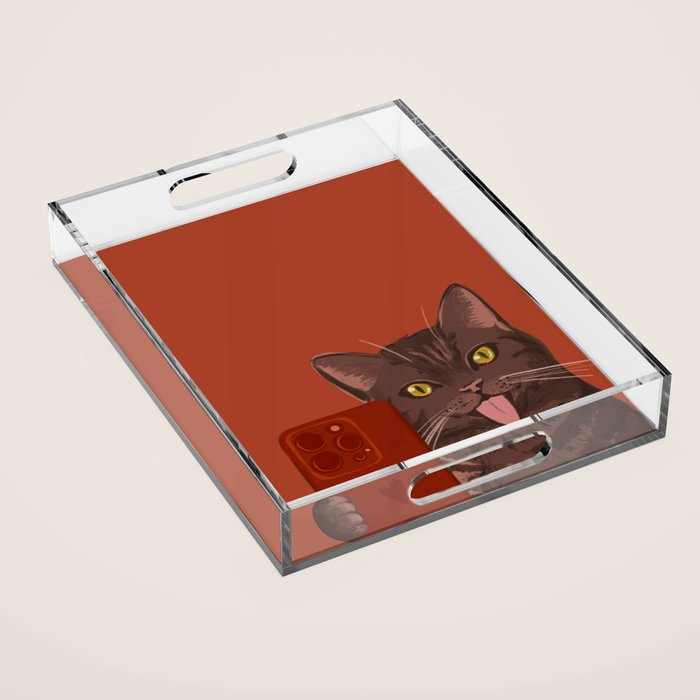 Cute Black Cat Selfie Autumn Halloween Art Acrylic Tray Gallery Image 1