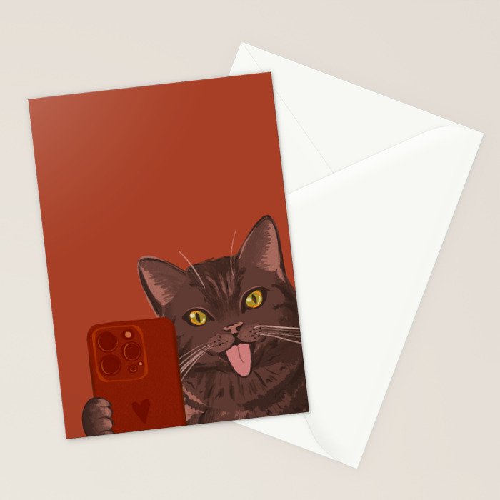 Cute Black Cat Selfie Autumn Halloween Art Stationery Card Gallery Image 2