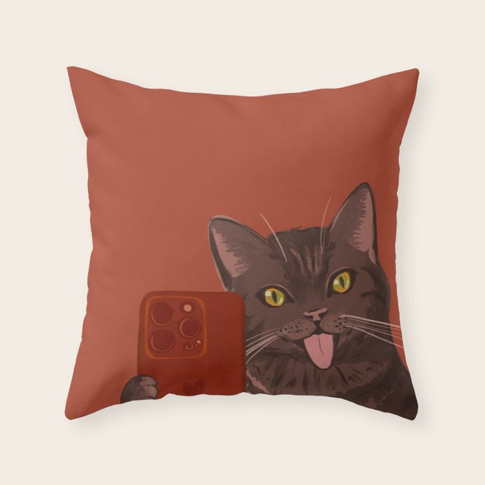 Cute Black Cat Selfie Autumn Halloween Art Throw Pillow Gallery Image 6