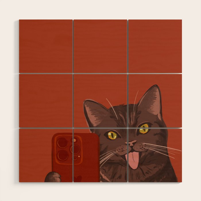 Cute Black Cat Selfie Autumn Halloween Art Wood Wall Art Gallery Image 1