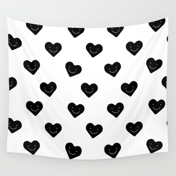 Black and white love heart doodle pattern Wall Tapestry Gallery Image 1