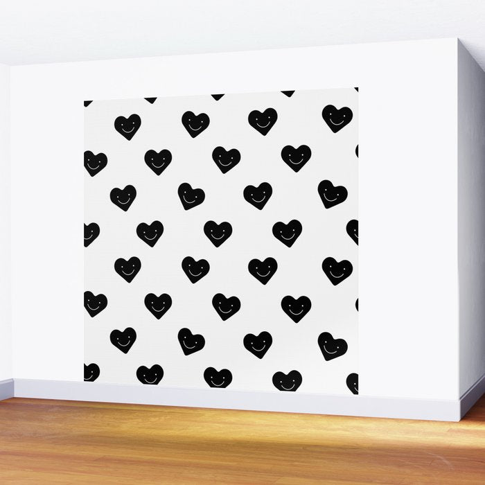 Black and white love heart doodle pattern Wall Mural Gallery Image 2