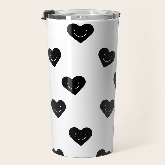 Black and white love heart doodle pattern Travel Mug Gallery Image 3