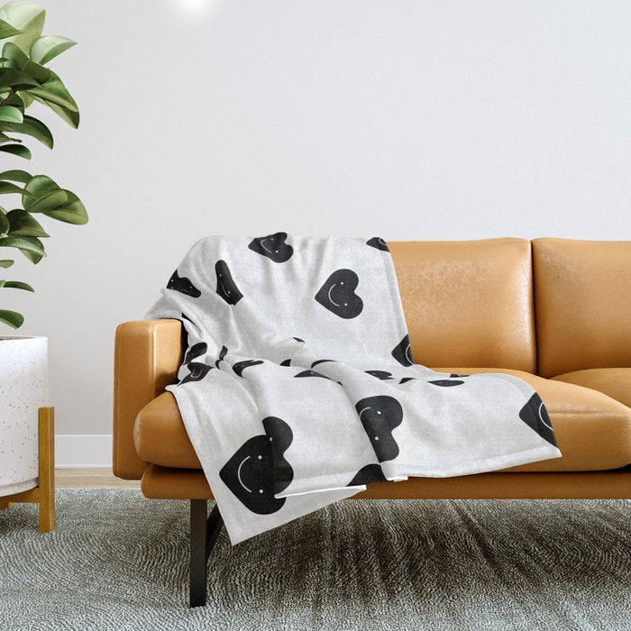 Black and white love heart doodle pattern Throw Blanket Gallery Image 1