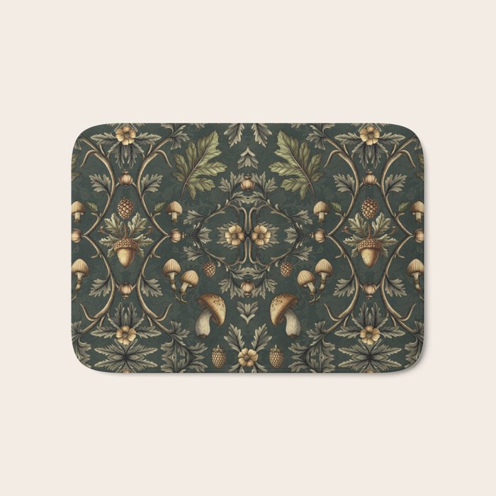 William Morris Style Forest Tales Cabincore Pattern Green Bath Mat Gallery Image 1
